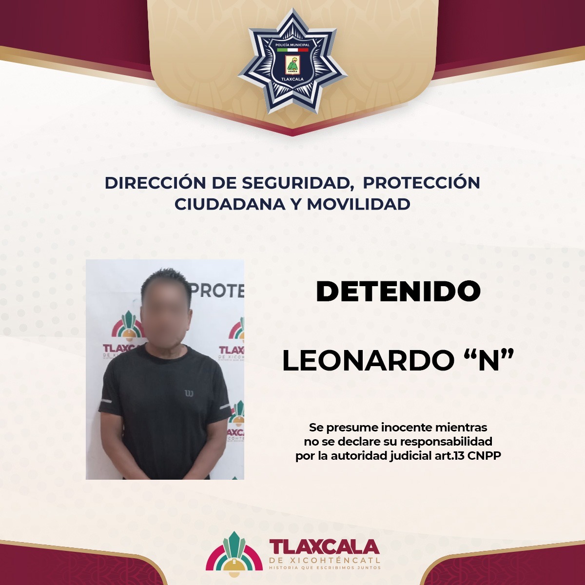 Policía Municipal de Tlaxcala detiene a un hombre por alterar el orden público en San Hipólito Chimalpa